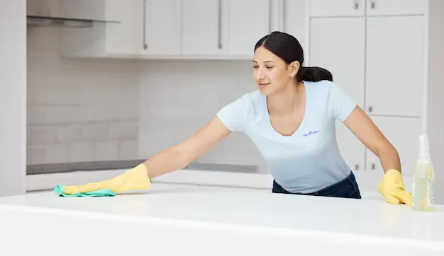 Get it Clean Services cleaner using eco-friendly products on a kitchen countertop